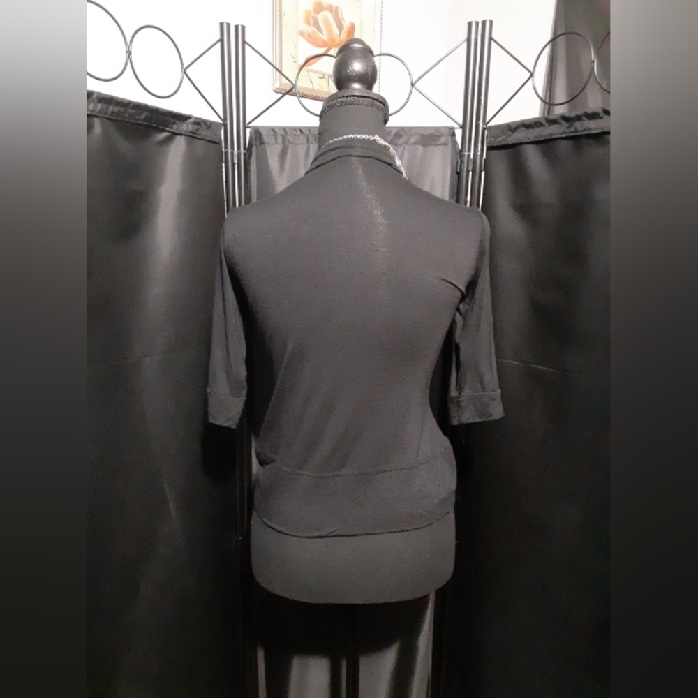 Elegant Black Women's Curved Cropped Cardigan Short Sleeve Women's Size L - Picture 4 of 5